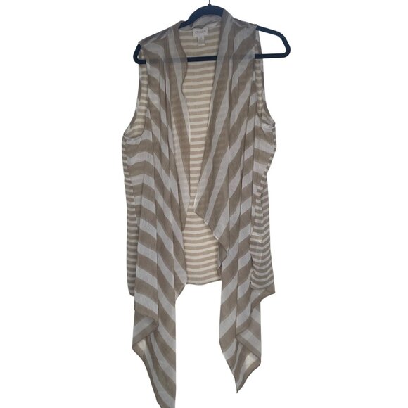 Chicos 3 Draped Open Front Striped Cardigan XL Vest Sheer Tan Striped - Picture 1 of 11